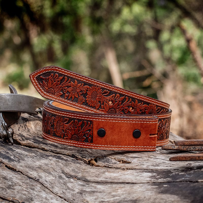 Handmade western leather belt with vine motif